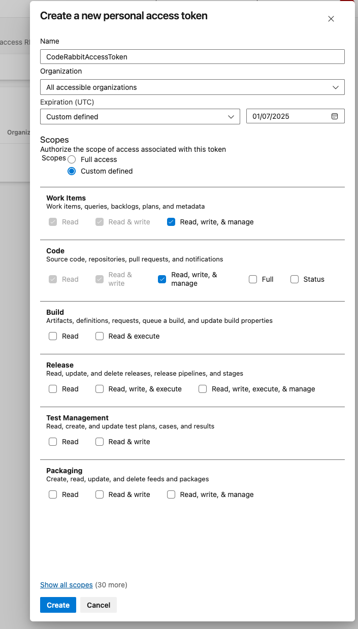 Azure DevOps personal access token creation form showing name field, organization selector, expiration date, and detailed permission scopes for work items, code, build, release, test management, and packaging