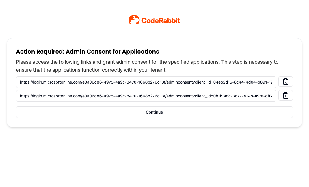 CodeRabbit admin consent page for Azure DevOps integration showing Microsoft authentication URLs and continue button for granting application permissions