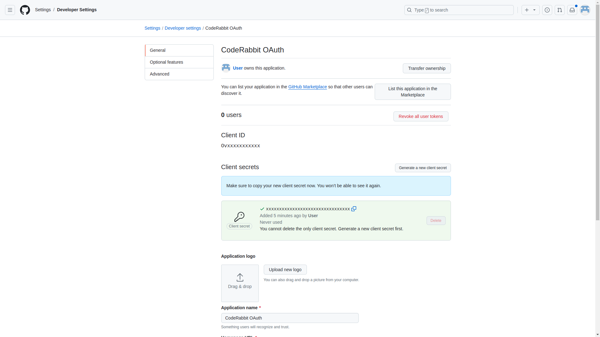 GitHub Developer Settings page showing CodeRabbit OAuth application configuration with client ID display, client secret management