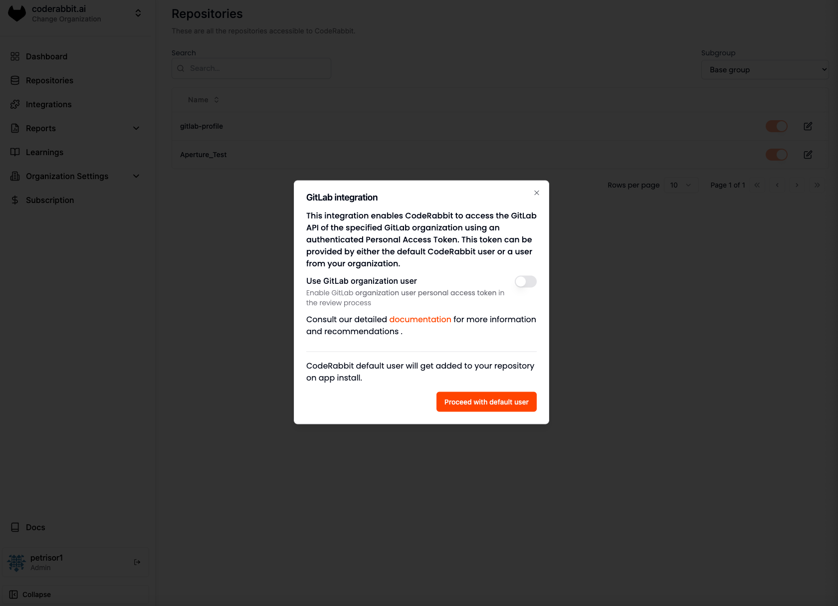 GitLab repository access configuration modal showing how to choose between default CodeRabbit user or organization user token