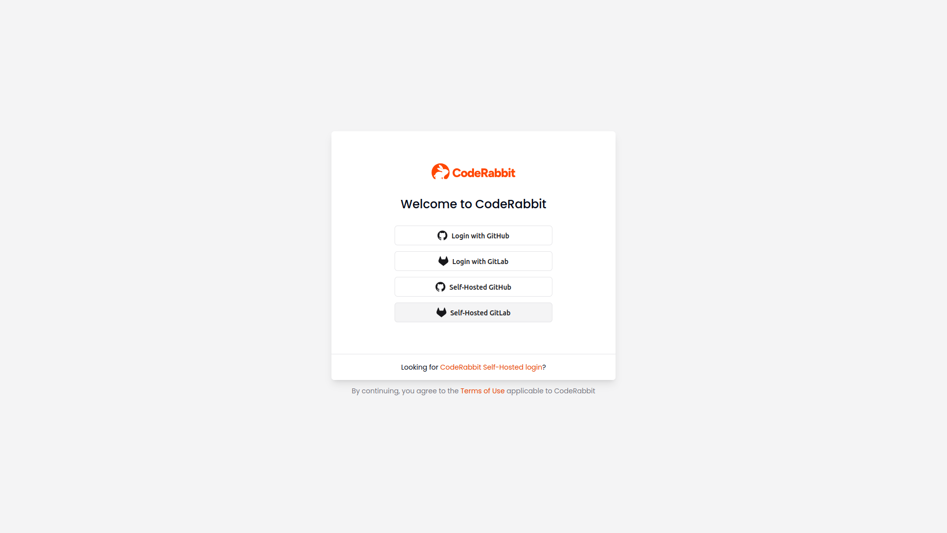 CodeRabbit login page displaying multiple sign-in options - Login with GitHub, Login with GitLab, Self-Hosted GitHub and GitLab